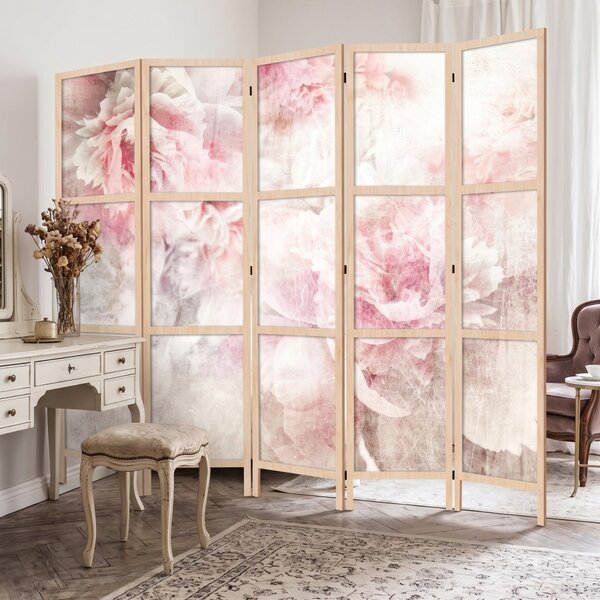 Parawan pokojowy 5-częściowy 225x172 drewniany japoński Jednostronny dekoracyjny romantic shabby chic Piwonie W Bieli