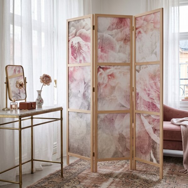 Parawan pokojowy 3-częściowy 135x172 drewniany japoński Jednostronny dekoracyjny romantic shabby chic Piwonie W Bieli