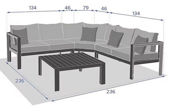 Narożny zestaw aluminiowy VANCOUVER dla 5 osób (antracyt)