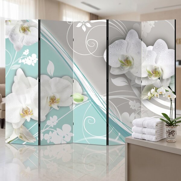 Parawan pokojowy 5-częściowy 225x172 Dwustronny dekoracyjny glamour romantyczny Szary Białe Orchidee Z Rosą