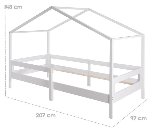Białe łóżko dziecięce z litego drewna w kształcie domku ze schowkiem i stelażem 90x200 cm – Roba