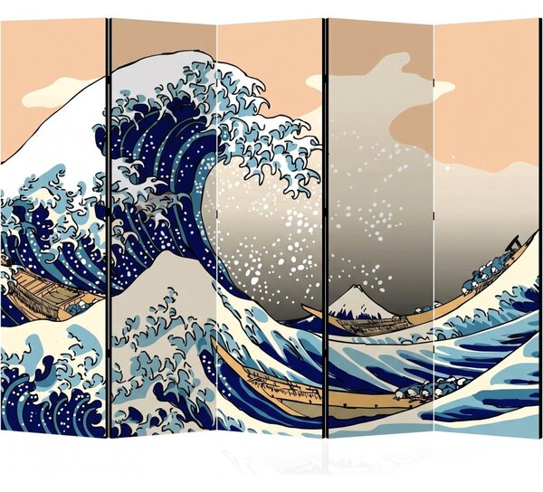 Parawan pokojowy 5-częściowy 225x172 Dwustronny dekoracyjny japandi pop-art Niebieski Wielka Fala Pop