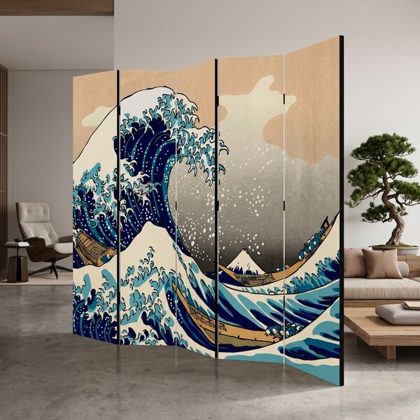 Parawan pokojowy 5-częściowy 225x172 Dwustronny dekoracyjny japandi pop-art Niebieski Wielka Fala Pop