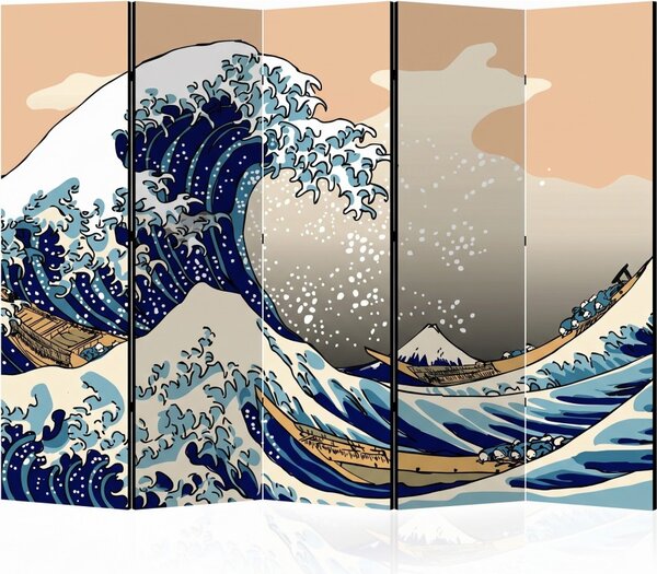 Parawan pokojowy 5-częściowy 225x172 Dwustronny dekoracyjny japandi pop-art Niebieski Wielka Fala Pop