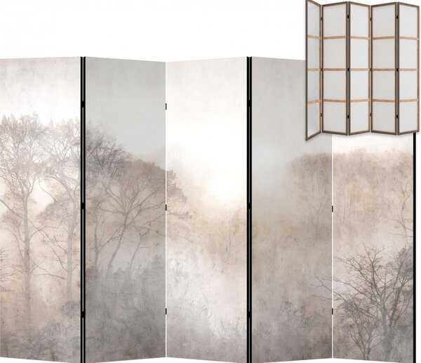 Parawan pokojowy 5-częściowy 225x172 Jednostronny dekoracyjny japandi wabi-sabi Szary Drzewa We Mgle