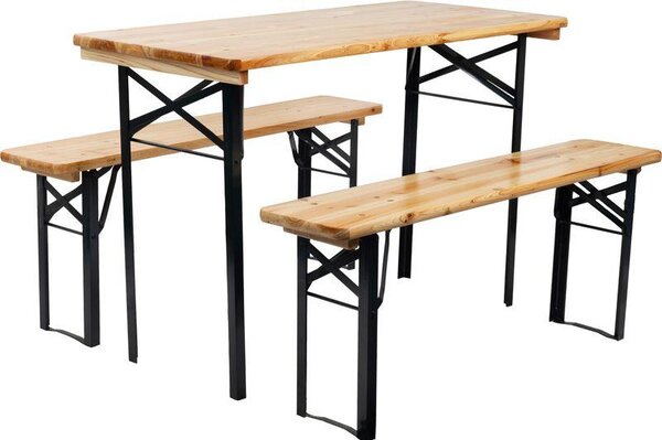 Zestaw mebli piwnych DORTMUND Mini3, składający się z: stołu o wymiarach 117x56x76,5 cm, dwóch ławek o wymiarach 117x25x46,5 cm, wykonanych z drewna o grubości 27 mm
