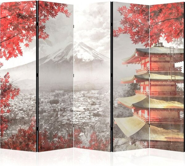 Parawan pokojowy 5-częściowy 225x172 Dwustronny dekoracyjny japandi vintage Szary Fuji I Pagoda