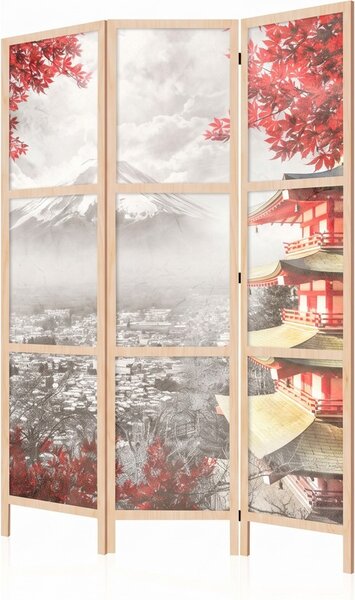Parawan pokojowy 3-częściowy 135x172 drewniany japoński Jednostronny dekoracyjny japandi vintage Szary Fuji I Pagoda