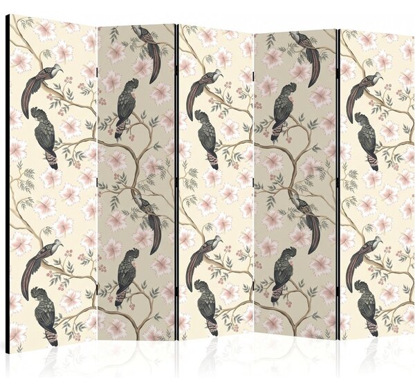 Parawan pokojowy 5-częściowy 225x172 Dwustronny dekoracyjny chinoiserie vintage Kremowy Tukany W Hibiskusach