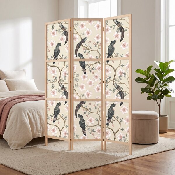 Parawan pokojowy 3-częściowy 135x172 drewniany japoński Jednostronny dekoracyjny chinoiserie vintage Kremowy