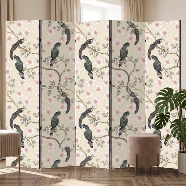 Parawan pokojowy 5-częściowy 225x172 Dwustronny dekoracyjny chinoiserie vintage Kremowy Tukany W Hibiskusach