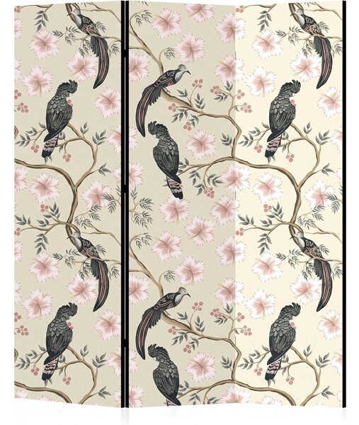 Parawan pokojowy 3-częściowy 135x172 Dwustronny dekoracyjny chinoiserie vintage Kremowy Tukany W Hibiskusach