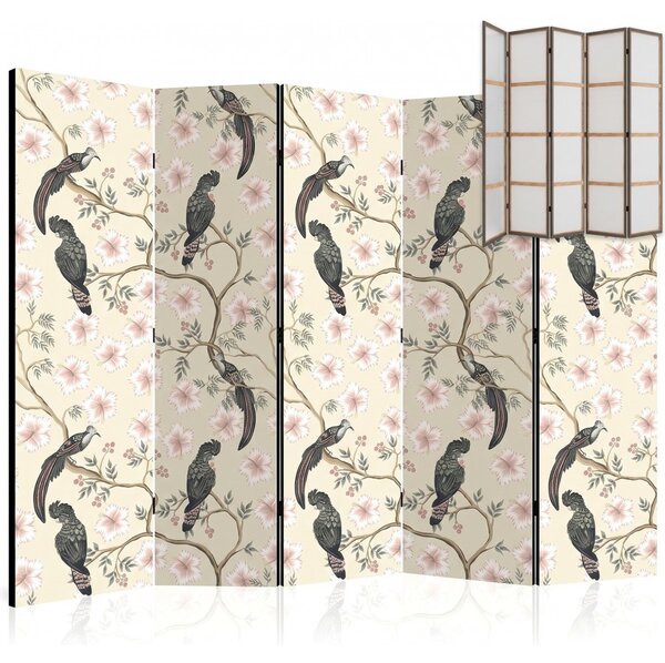 Parawan pokojowy 5-częściowy 225x172 Jednostronny dekoracyjny chinoiserie vintage Kremowy Tukany W Hibiskusach