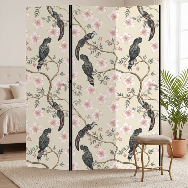 Parawan pokojowy 3-częściowy 135x172 Jednostronny dekoracyjny chinoiserie vintage Kremowy Tukany W Hibiskusach
