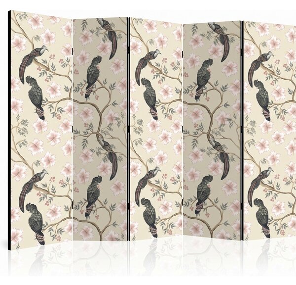 Parawan pokojowy 5-częściowy 225x172 Dwustronny dekoracyjny chinoiserie vintage Kremowy Tukany W Hibiskusach