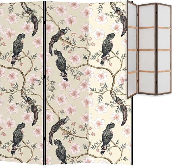 Parawan pokojowy 3-częściowy 135x172 Jednostronny dekoracyjny chinoiserie vintage Kremowy Tukany W Hibiskusach