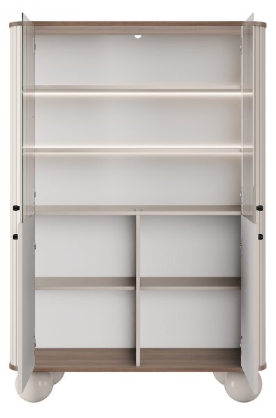 Witryna Vesper 103 cm czterodrzwiowa - kaszmir / orzech / czarne uchwyty / nogi kule
