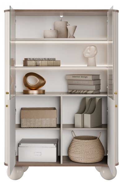 Witryna Vesper 103 cm czterodrzwiowa - kaszmir / orzech / złote uchwyty / nogi kule