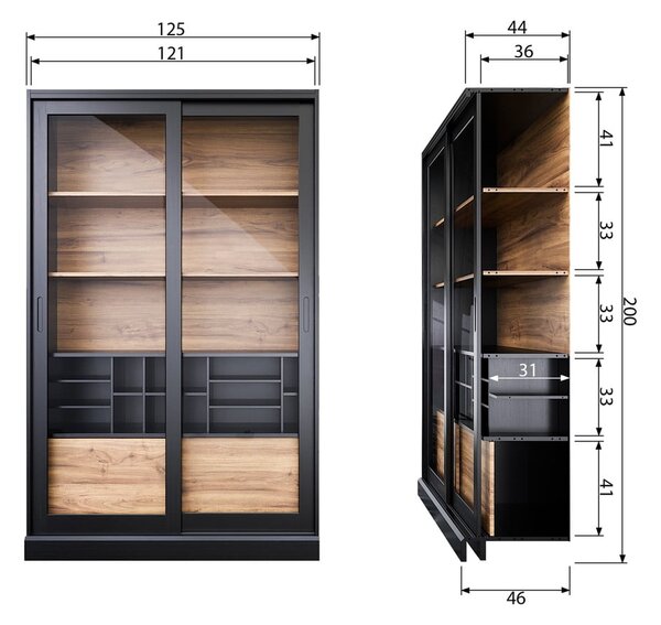 Czarno-naturalna witryna z litego drewna sosnowego z drzwiami przesuwnymi 125x200 cm James – WOOOD