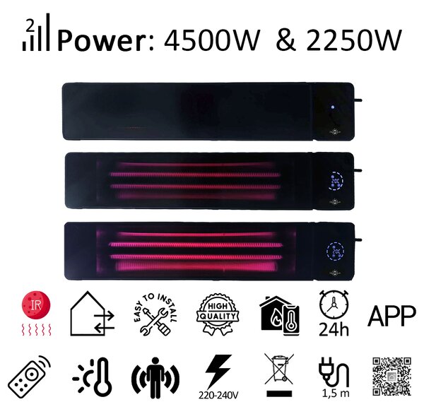 Grzejnik tarasowy na podczerwień, 4500W/2250 watów ElectricSun czarny, do użytku wewnątrz/na zewnątrz, z termostatem i aplikacją, 100x18cm