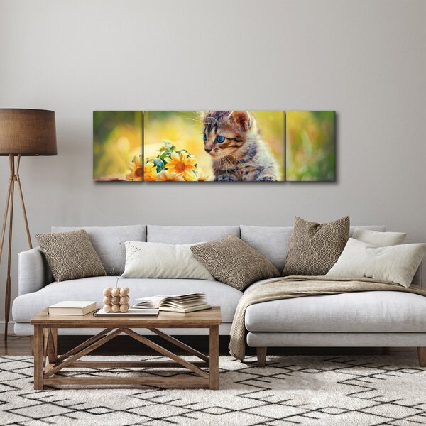 Obraz kotka patrzącego na kwiat (170x50 cm)
