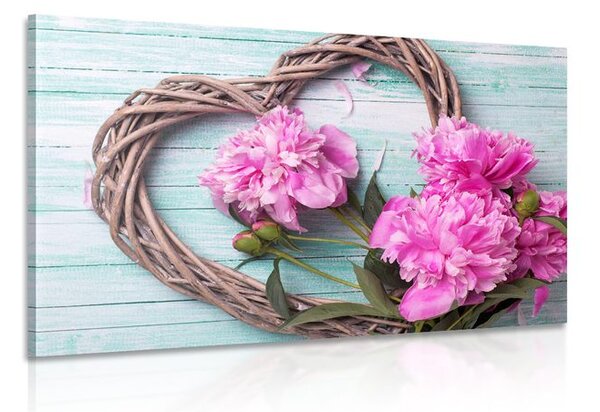 Obraz peonie na drewnianym sercu