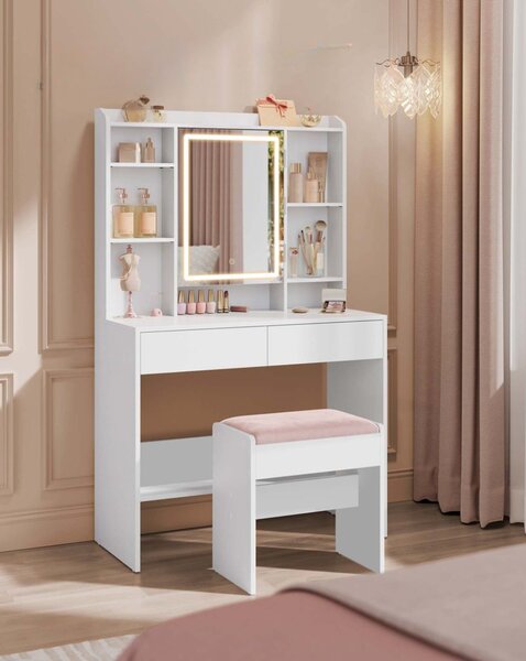 Tapicerowany taboret/krzesło VELVET do toaletki, 45×45×28,6 cm, biały/różowy Vasagle