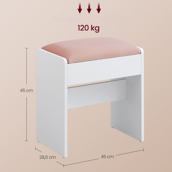 Tapicerowany taboret/krzesło VELVET do toaletki, 45×45×28,6 cm, biały/różowy Vasagle