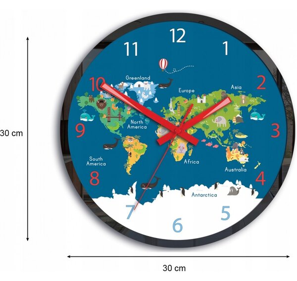 Zegar na Ścianę Mapa Świata Akrylowy Naklejany Okrągły kolorowy edukacyjny