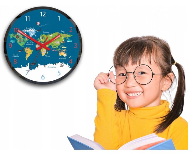 Zegar na Ścianę Mapa Świata Akrylowy Naklejany Okrągły kolorowy edukacyjny