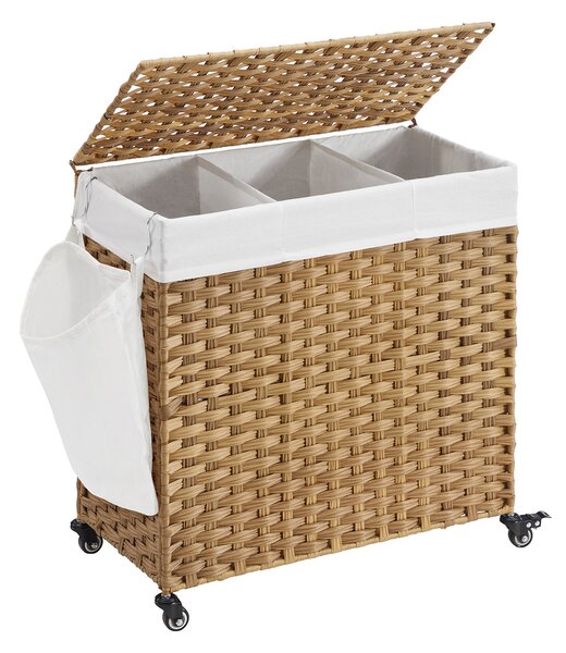 Kosz na bieliznę z kółkami z syntetycznego rattanu AVA, 140l, naturalny brąz SongmicsHome