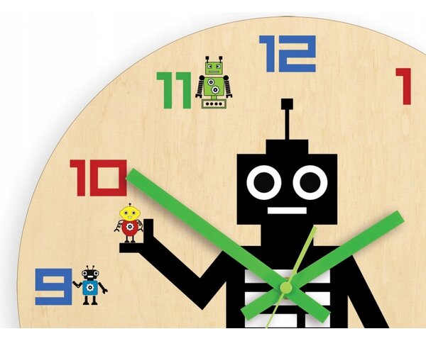 Zegar Ścienny Cichy do pokoju dziecięcego Drewniany Nowoczesny Robot kolor