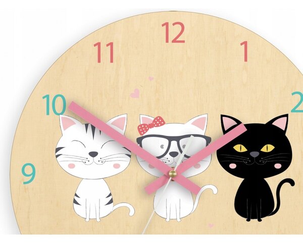 Zegar na Ścianę Cichy do pokoju dziecięcego Drewniany Nowoczesny Kotki meow