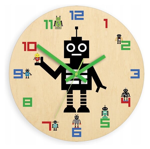 Zegar Ścienny Cichy do pokoju dziecięcego Drewniany Nowoczesny Robot kolor
