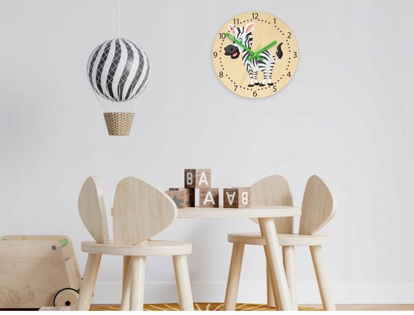 Zegar Ścienny Cichy do pokoju dziecięcego Drewniany Nowoczesny Zebra kolor