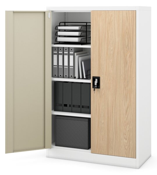 Szafa biurowa metalowa niska z 3 półkami biała/dąb sonoma, 900x1400x400 mm: KEVIN Eco Design