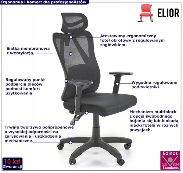 Obrotowy czarny ergonomiczny fotel z zagłówkiem i regulowanym oparciem S0-H70