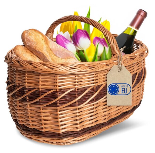 Kosz Piknikowy Wiklinowy | CREATIVE HOME | z Uchwytem i Oplotem 52x35x36cm | Naturalny Brąz
