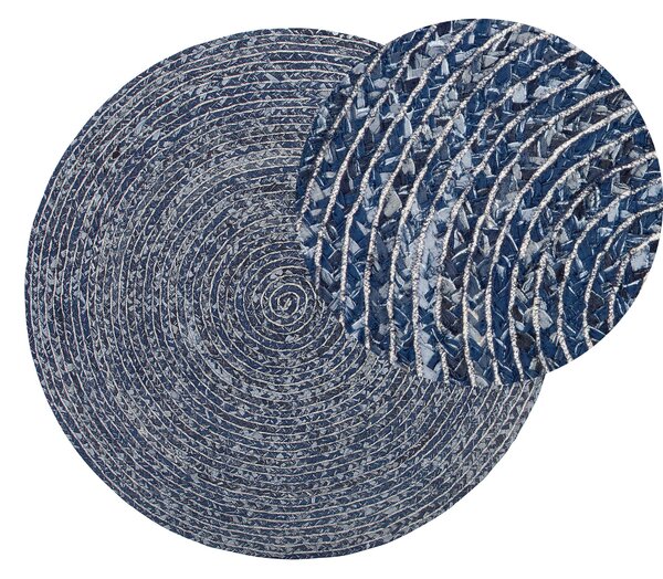 Boho okrągły dywan pleciony z bawełny niebieski jeans okręgi do sypialni Buluca Beliani