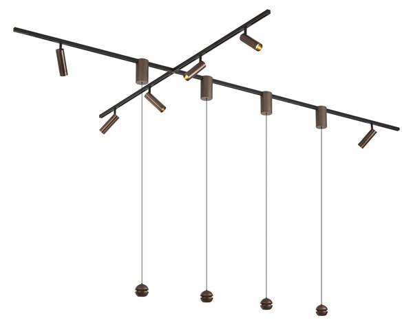 Nowoczesny system oświetlenia szynowego z 6 reflektorami i 4 lampami wiszącymi Easylift ciemny brąz 1-fazowy - Slimline Uzzy Tira