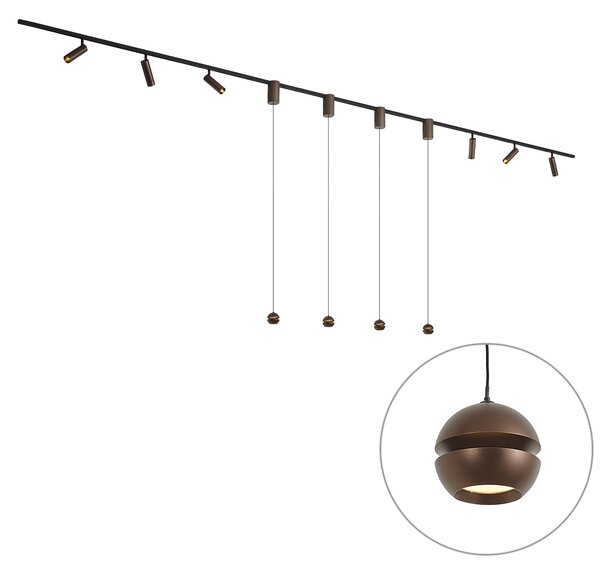 Nowoczesny system oświetlenia szynowego z 6 reflektorami i 4 lampami wiszącymi Easylift ciemny brąz 1-fazowy - Slimline Uzzy Tira