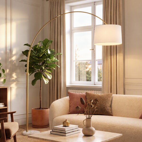 Lampa łukowa mosiężna z białym abażurem z tkaniny 50 cm - XXL