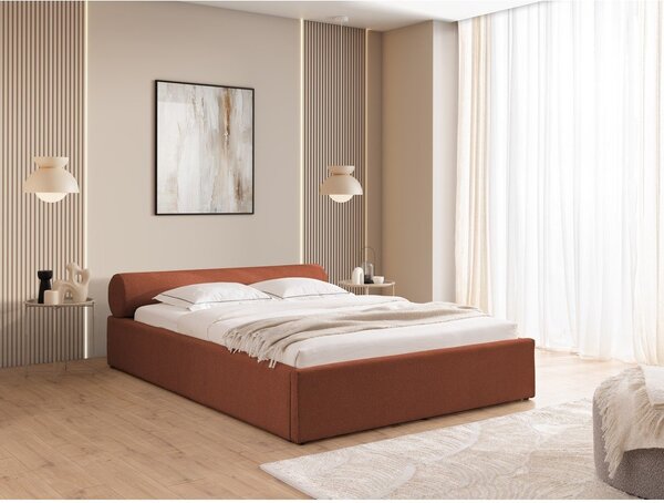 Tapicerowane łóżko dwuosobowe w kolorze terakoty ze schowkiem i stelażem 140x200 cm Cille – Ropez