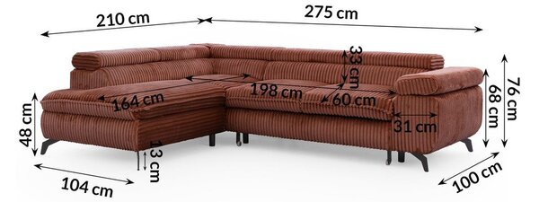 Sztruksowy narożnik w kolorze terakoty (lewostronny/w kształcie litery L) Marbeya – Ropez