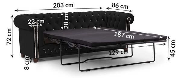 Czarna aksamitna rozkładana sofa 203 cm York Blik – Ropez