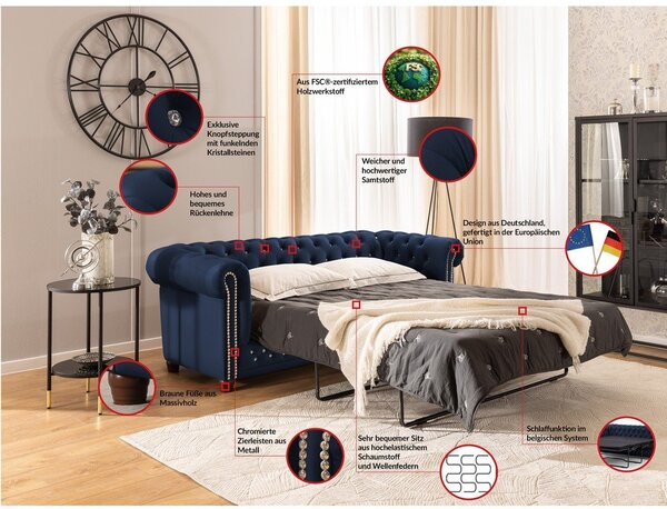 Niebieska aksamitna rozkładana sofa 203 cm York Blik – Ropez