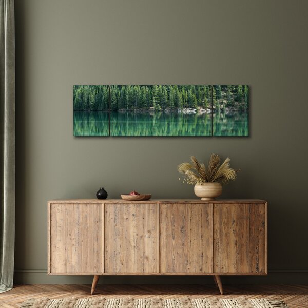 Obraz - drzewa iglaste nad jeziorem (170x50 cm)
