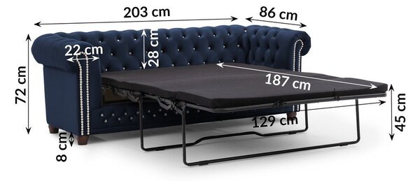 Niebieska aksamitna rozkładana sofa 203 cm York Blik – Ropez