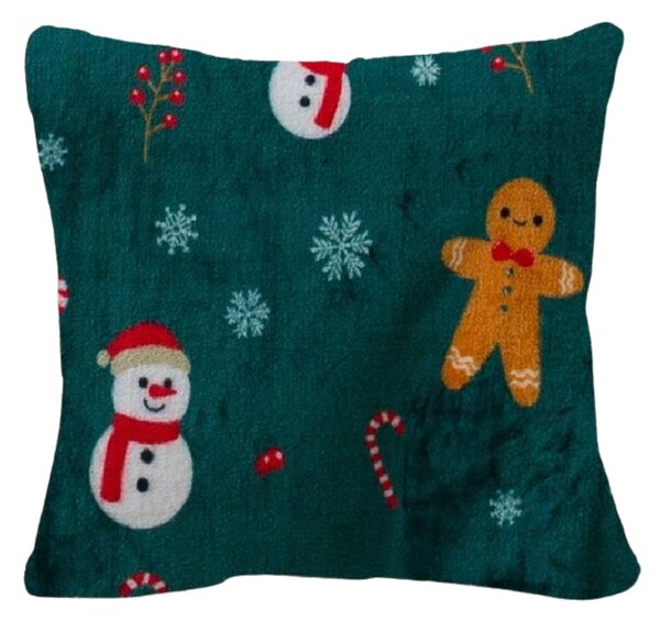 Poszewka z mikropluszu na poduszkę SNOWMAN AND GINGERBREAD 45x45 cm, zielona