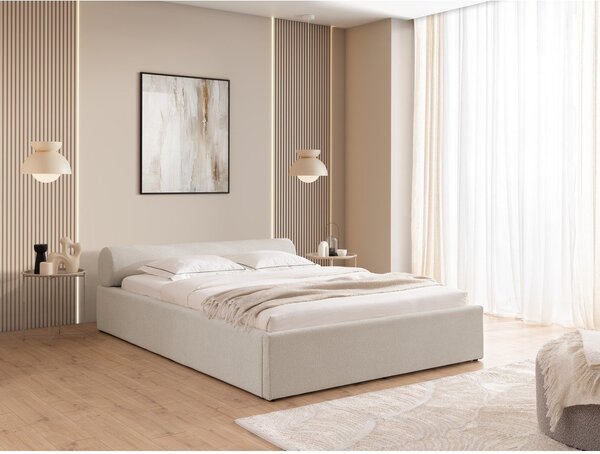 Beżowe tapicerowane łóżko dwuosobowe ze schowkiem i stelażem 140x200 cm Cille – Ropez